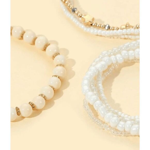 White Seed Bead Neutral Stretch Stacking Bracelet Set - Picture 3 of 3